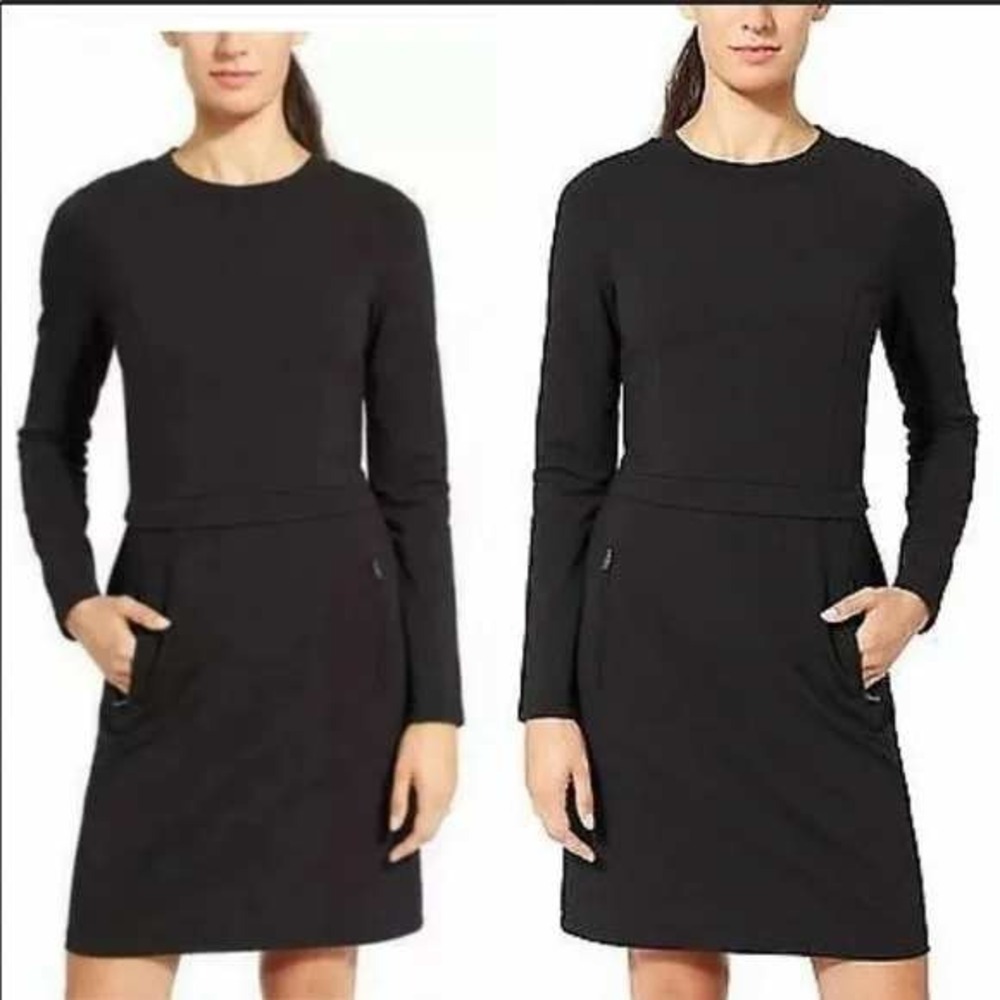 Athleta‎ Sheath Dress Womens Medium Black Long Sleeve Zipper Pockets Stretch